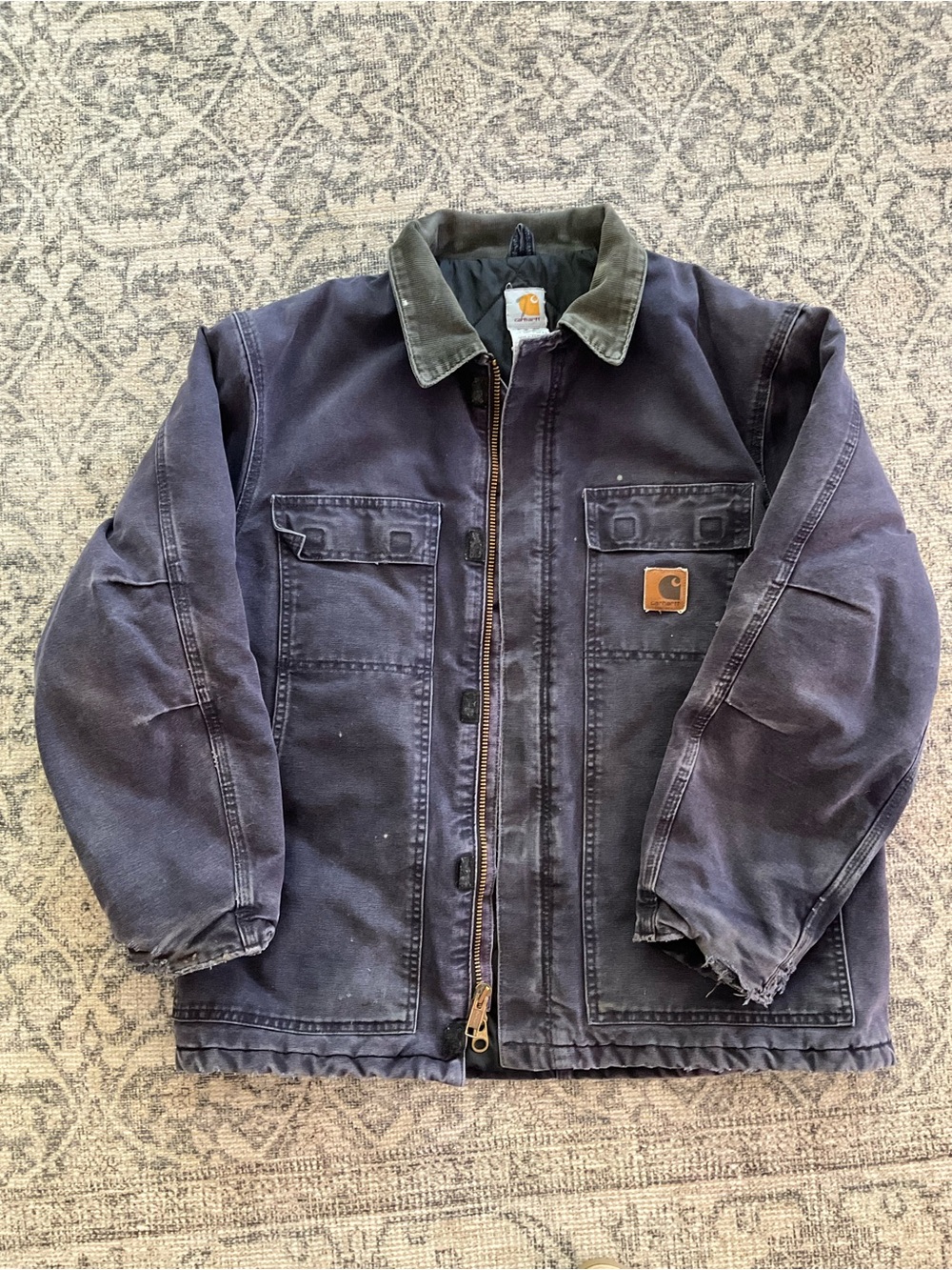 Vintage Carhartt Distressed Chore Jacket Navy Blue Mens Size L C26 MDT - Picture 4 of 16